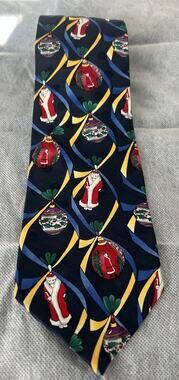 Meeting Street Christmas Men’s Tie 62” Long Silk 3.75” Santa Colorful Ornaments
